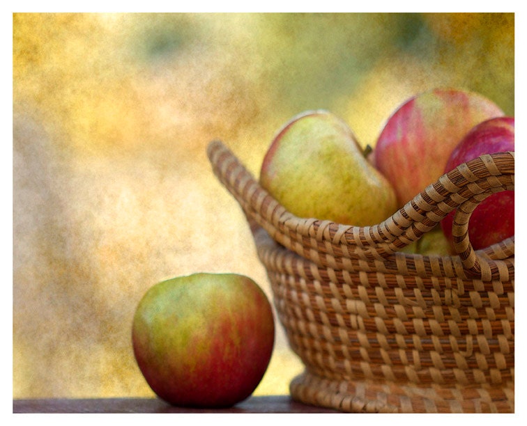 Food Photograph, green, gold, Basket of Apples, fine art photography print 8x10