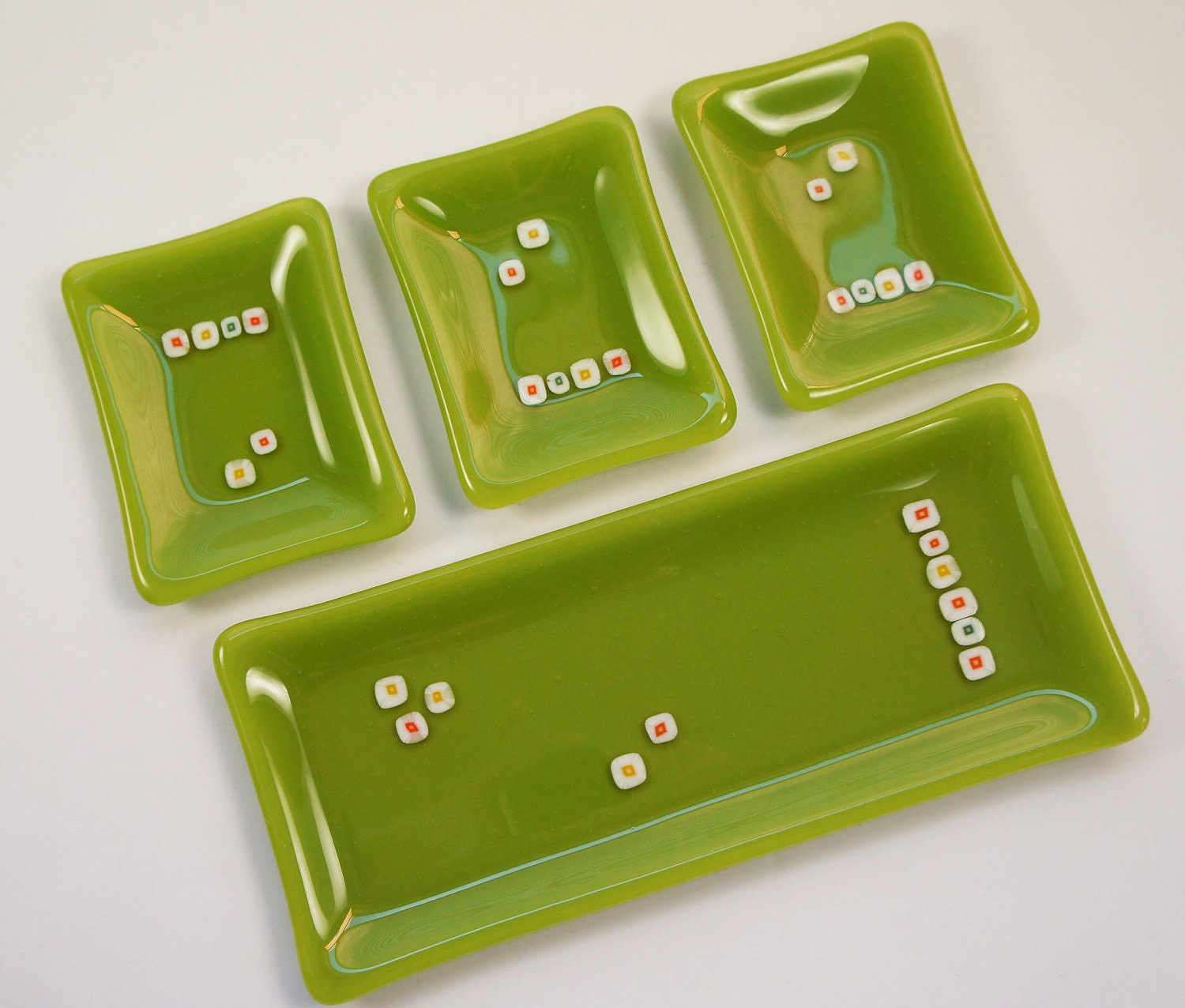 Modern Fused Glass Plate Set, Sushi Set, Green with Orange Accents