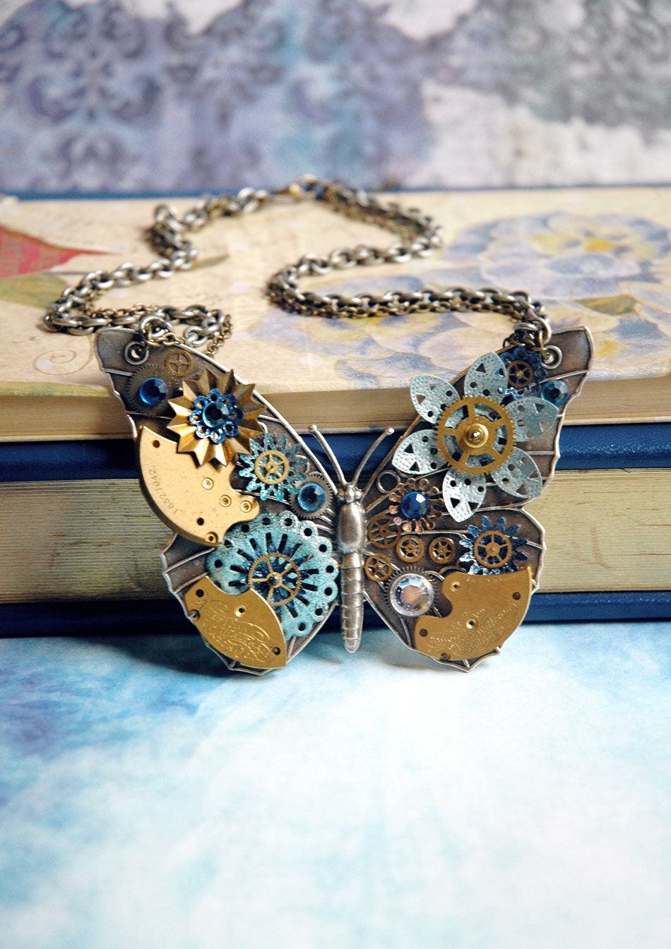Steampunk Butterfly Necklace - Silver Butterfly with Watch Gears Brass Flowers and Jewels in Royal and Light Blue