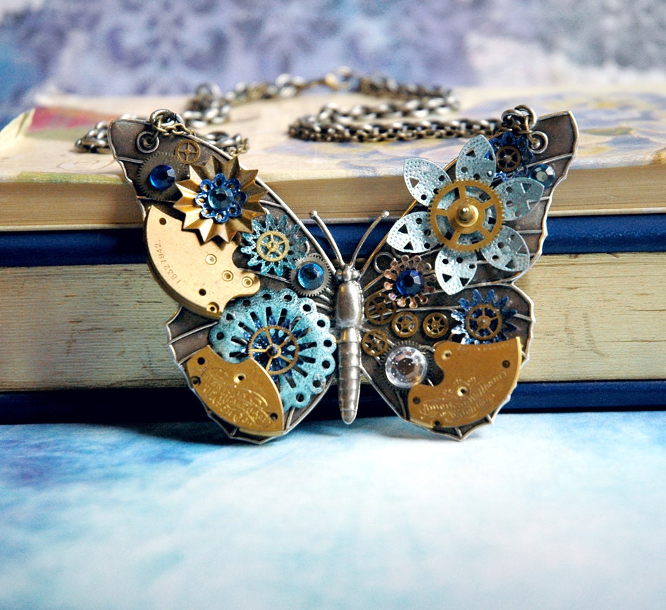 Steampunk Butterfly Necklace - Silver Butterfly with Watch Gears Brass Flowers and Jewels in Royal and Light Blue