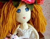 September Rose Posable OOAK Cloth Art Doll with Clay Bunny