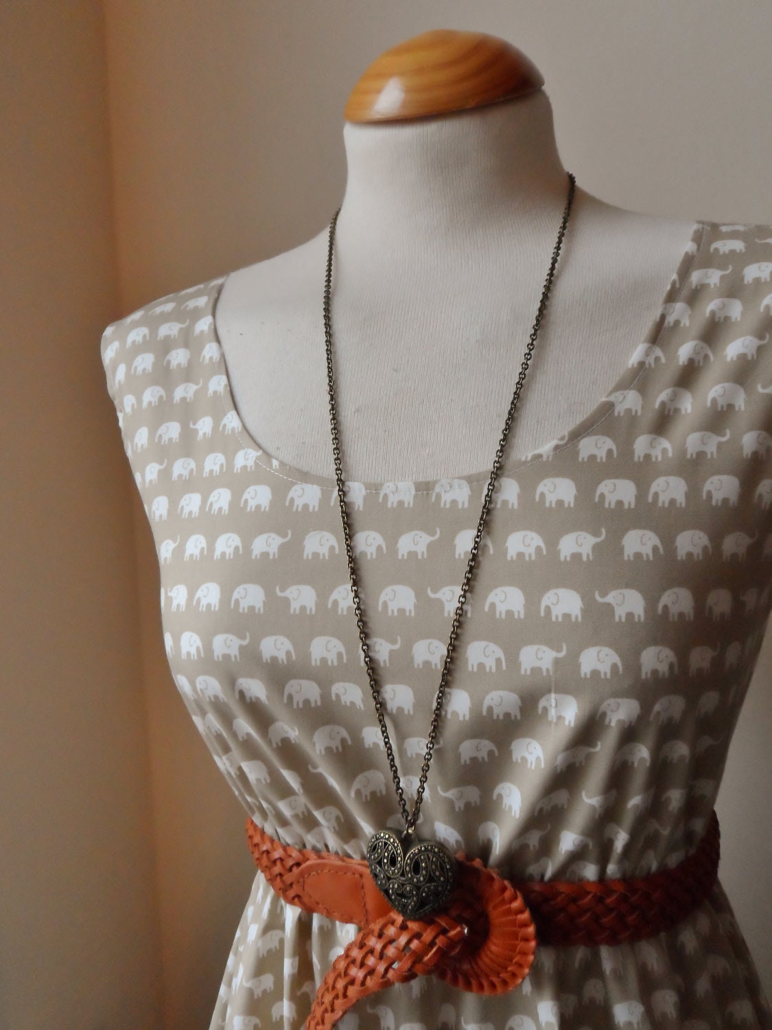 Super Cute Beige Neutral Elephant Dress // Bohemian Vintage Whimsical Dress / Handmade / Choose Your Size