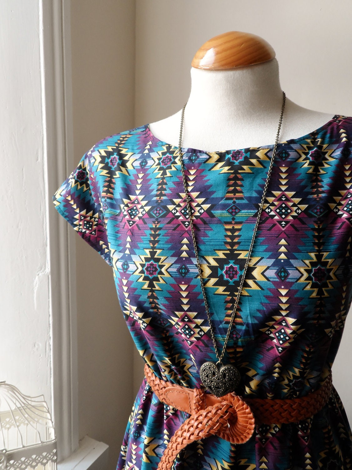 Boho Aztec Dress in Teal Jade Green and Dark Purple / Handmade / Choose your size