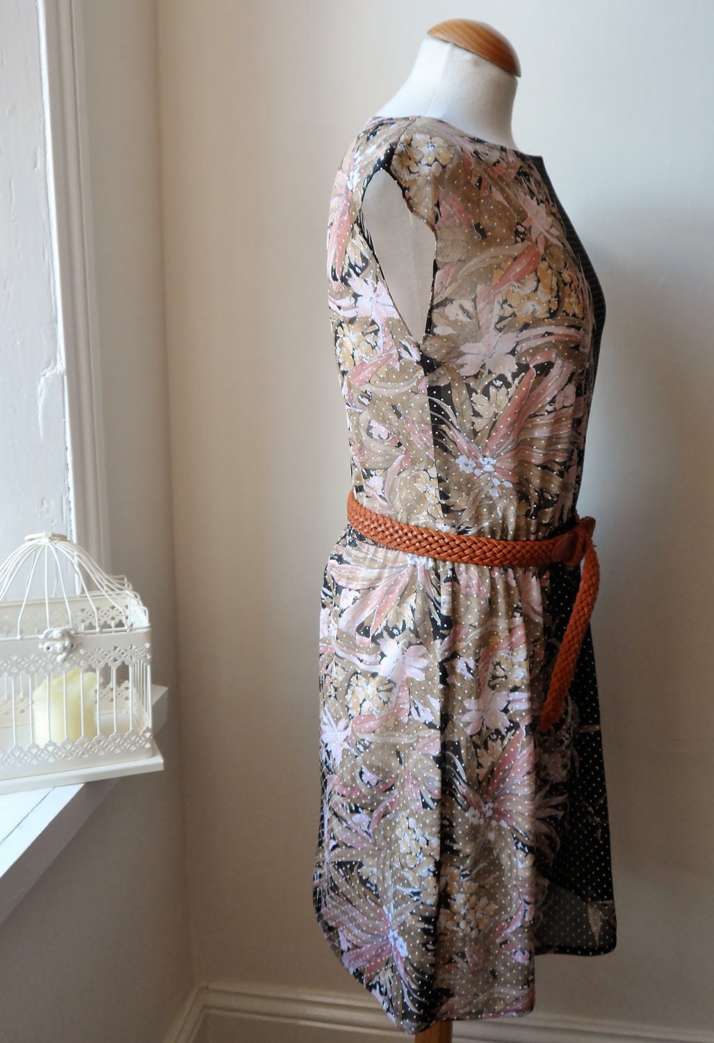 Vintage Floral Dress Black Fern Tropical Print Spotty Dress M