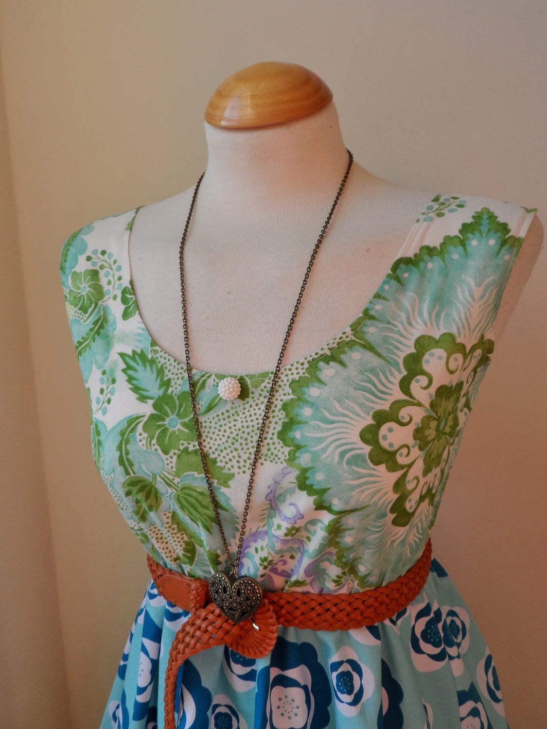 SALE..Aqua and Green Floral Bohemian Romantic Dress / Handamde / XS S