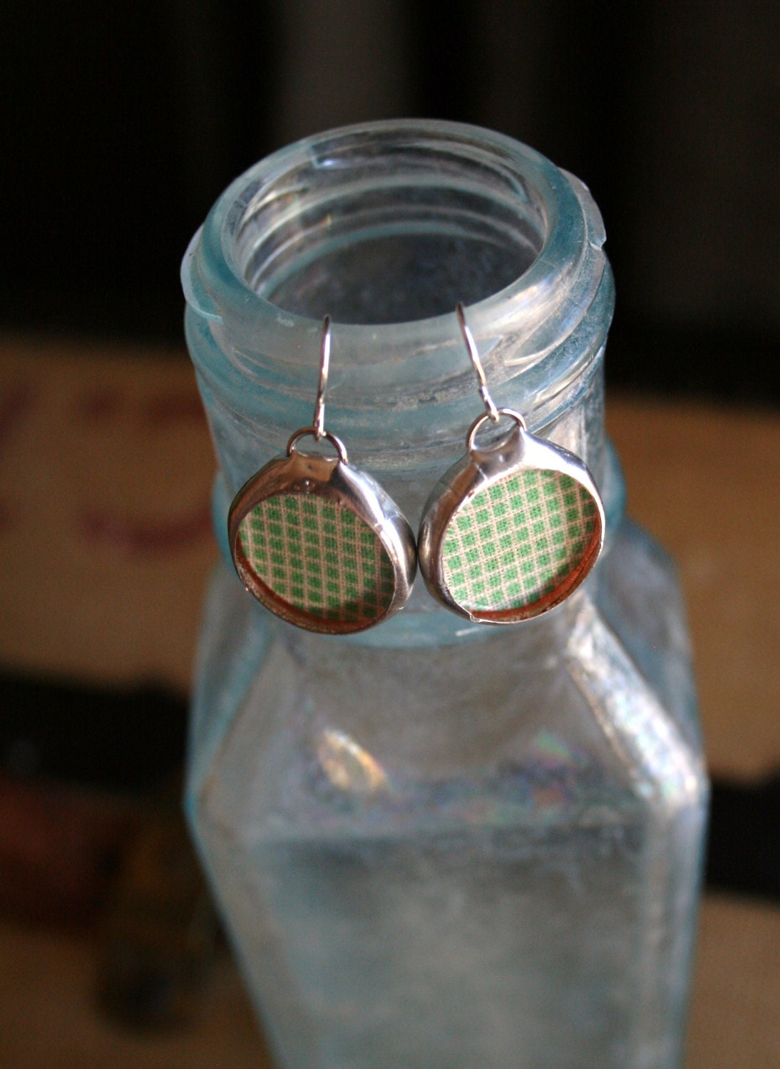 Green and White Vintage Fabric Earrings with Silver Ear Hooks