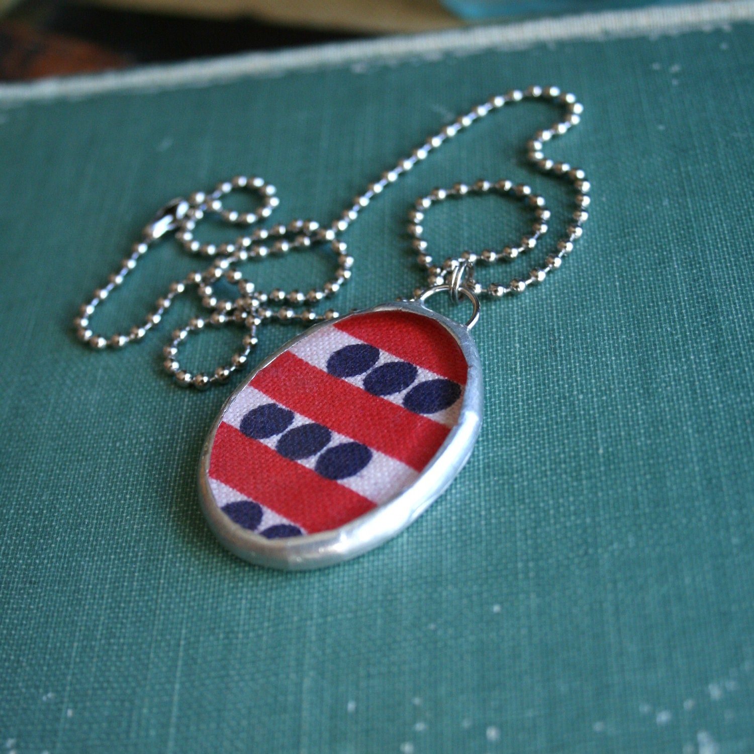 Red, White and Blue Vintage Fabric Pendant on Ball Chain Necklace