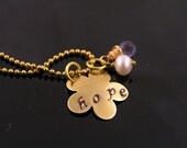 Handstamped 'Hope' Flower Necklace, Daisy, Pearl and Lavender Quartz Charm, Golden Ball Chain