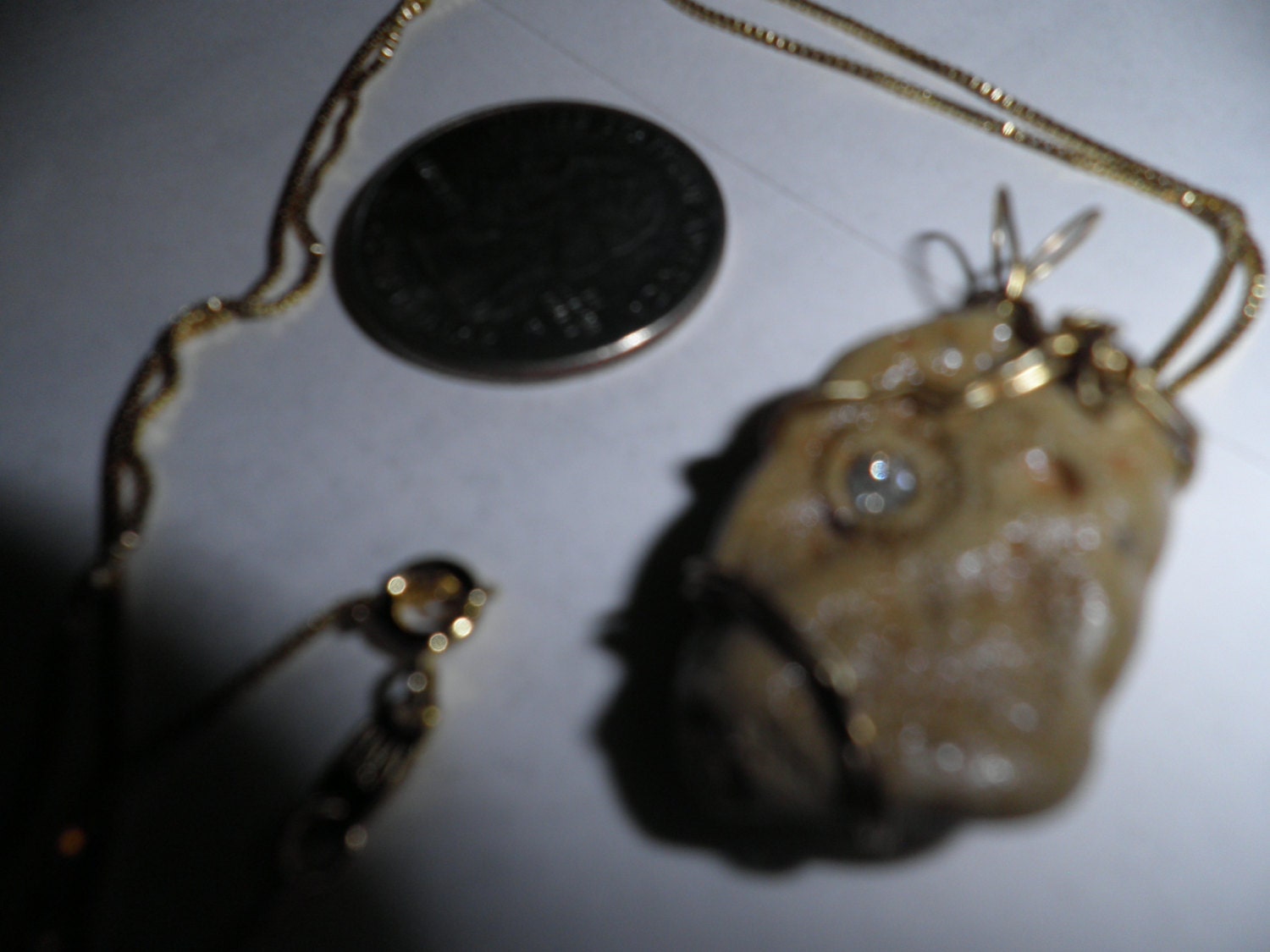 Rustic Beach Stone With Vintage Rhinestone Bezel Set in Natural Hole, 18kt over Sterling Box Chain Made in Italy