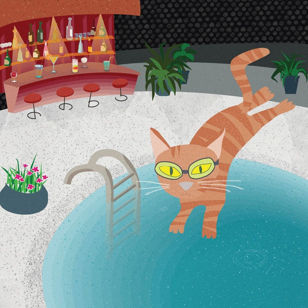 Greeting card - swimming pool cat