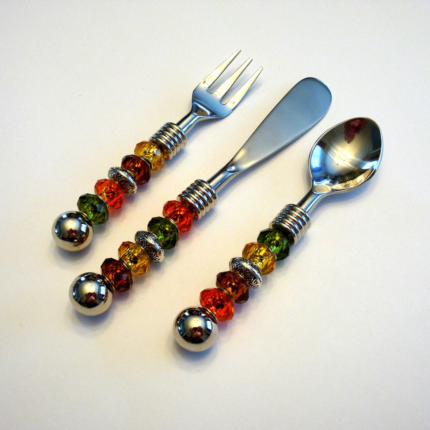 Autumn Canape Serving Set - Small Fork, Spoon, Spreader, Beaded, Thanksgiving