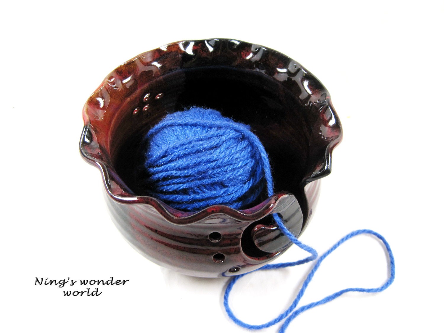 Pottery yarn bowl, knitting bowl, large, in red brown and black ( IN stock No.30)