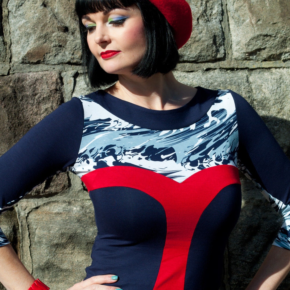 Red, Blue & White Jersey Top, Graphic Red T-Bar Shape, Feminine Designer Blouse, Boat Neck, Fitted Body, Long Sleeve, Made in Australia.