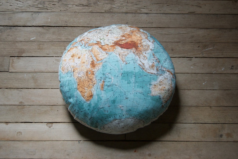 GLOBE pillow DIY KIT, vintage style map, 14 inch round, organic cotton, made to order, no insert cushion