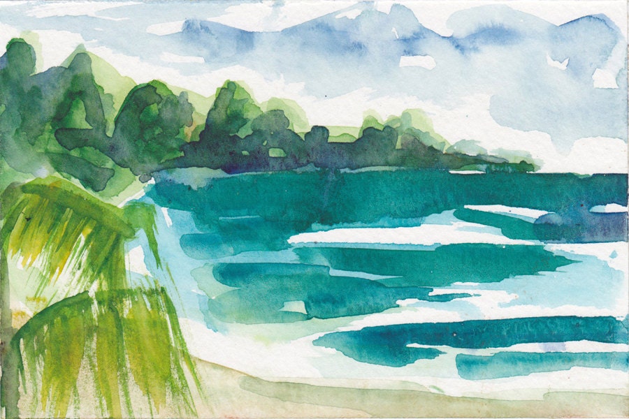Art Painting  Landscape Tropical Beach Caribbean Palm Tree Jamaica Watercolor PRINT