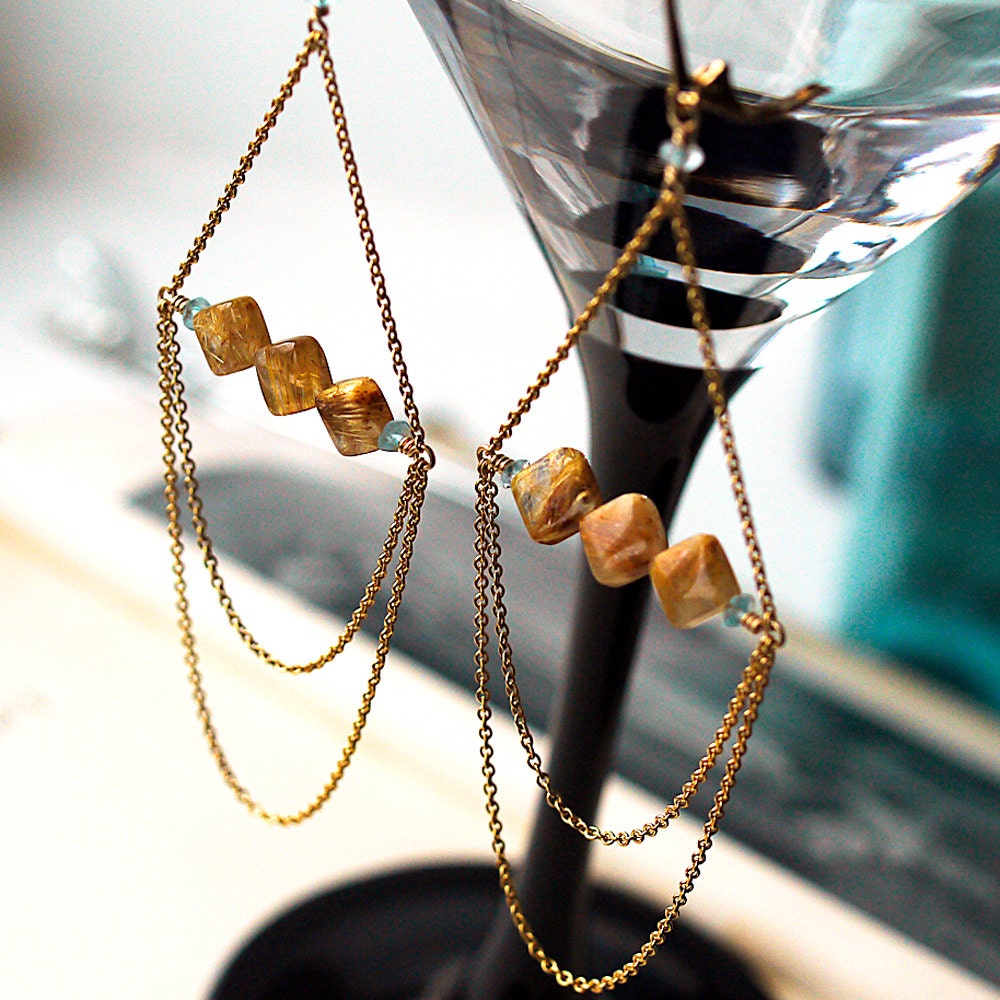 Statement Earrings. Golden Rutilated Quartz. Aquamarine. Gold Fill. Constellation