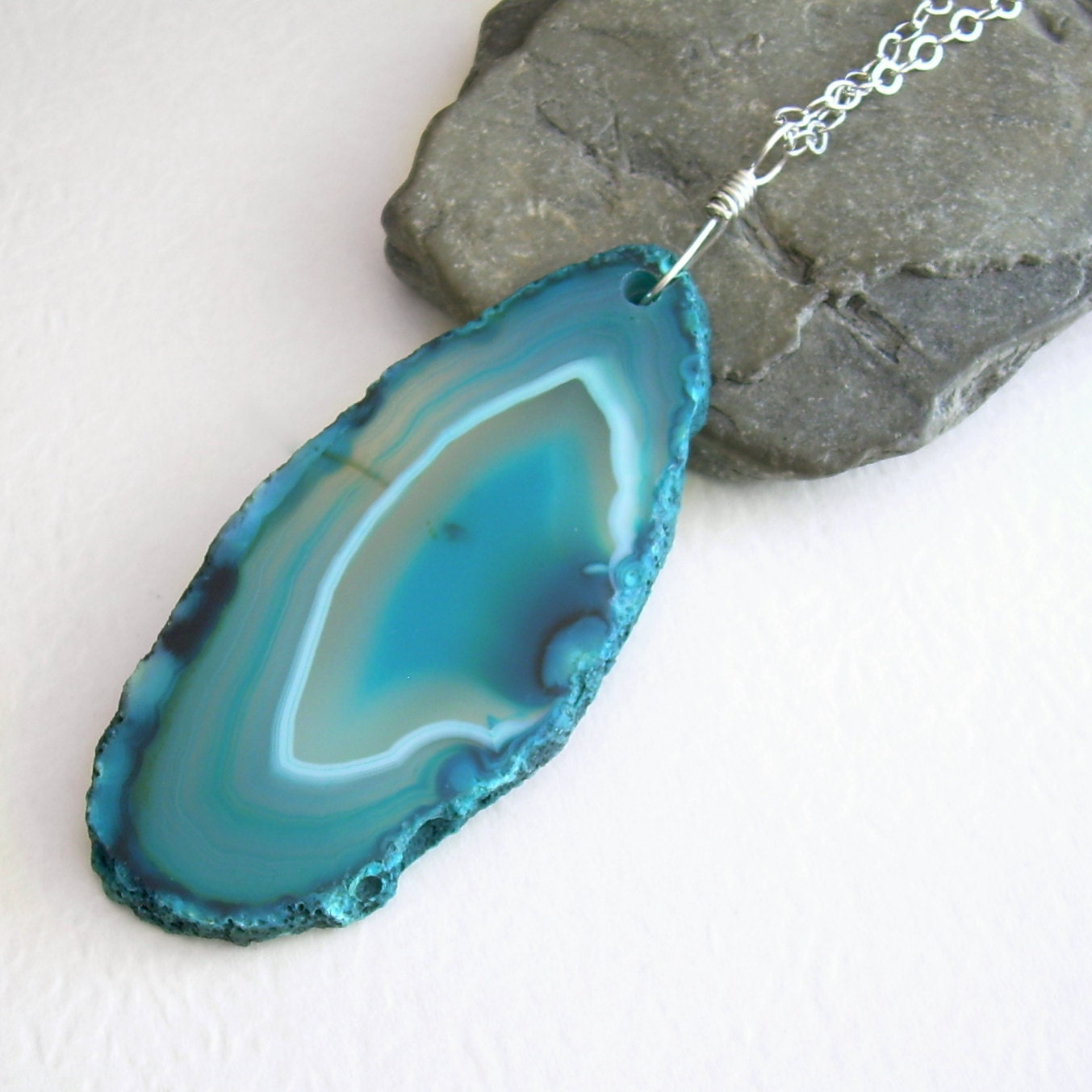 Teal Agate Slice Necklace, Blue Green Stone, Agate Jewelry