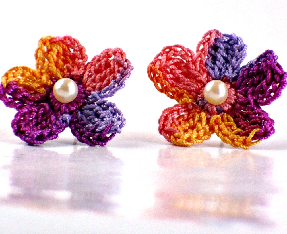 Crochet Flower Earrings Crochet Earrings Stud Earrings Hypoallergenic Lavender Tangerine Rose Fuchsia