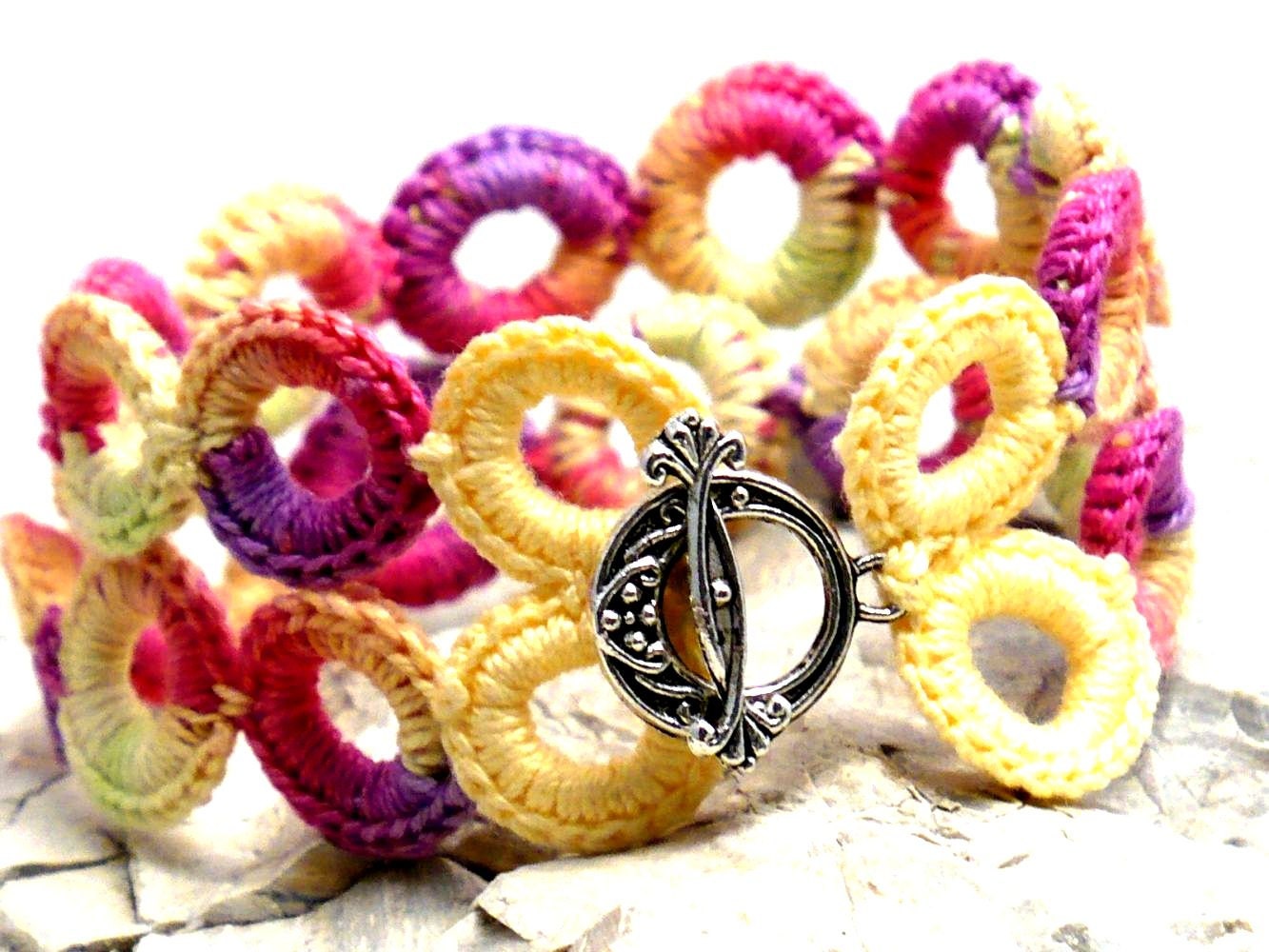 Crochet Bracelet Fiber Bracelet  Irish Lace Yellow Lime Pink Purple Rings