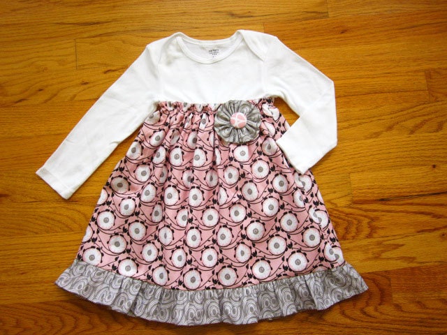 Baby Girls Onesie Dress - size NB to 24 month - Rolling Flowers in Pink and Grey - Calypso Swing Collection