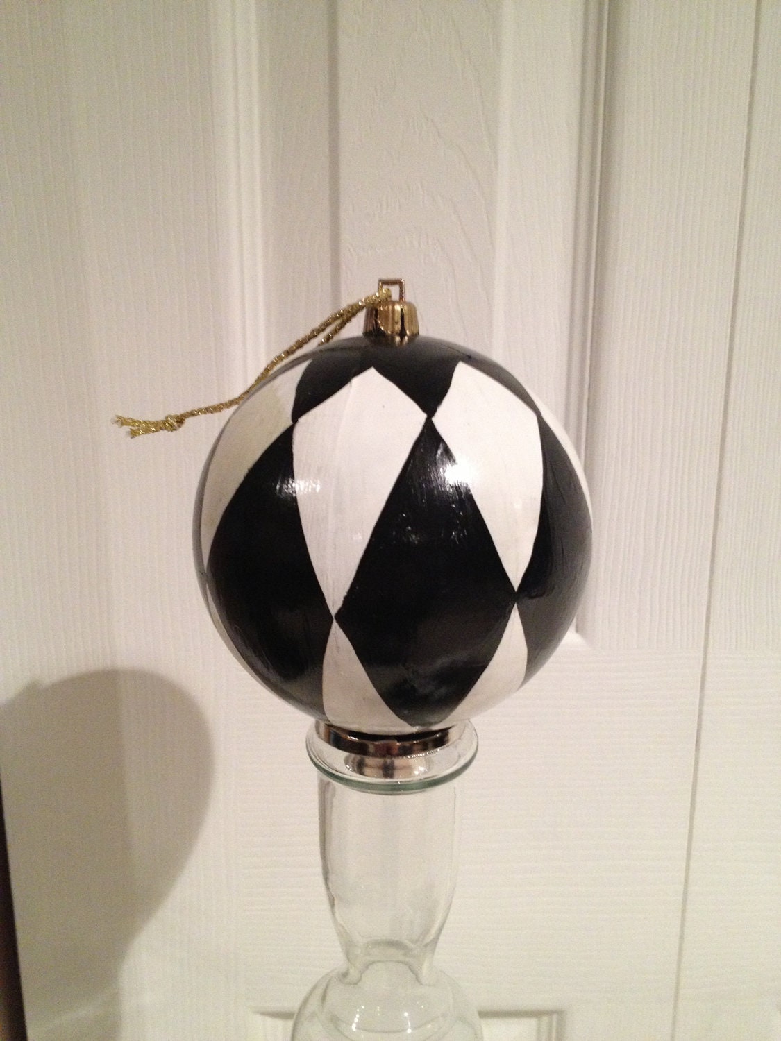 Hand painted black and white harlequin ornament  shatterproof - 4" or 3". This listing is for one (1) ornament