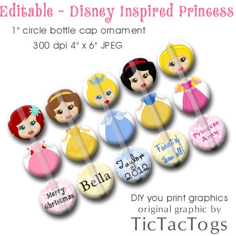 Editable - Disney Princess Inspired Ornament Bottle Cap Collage Digital Set 1 Inch Circle 4x6