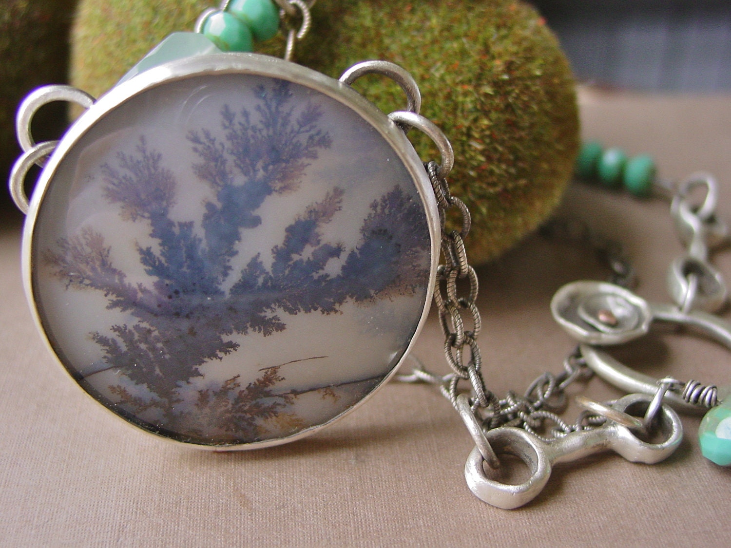 Sterling Silver Necklace with Turquoise Bead and Dendritic Plume Agate by Reagan Hayhurst - Beyond the Looking Glass