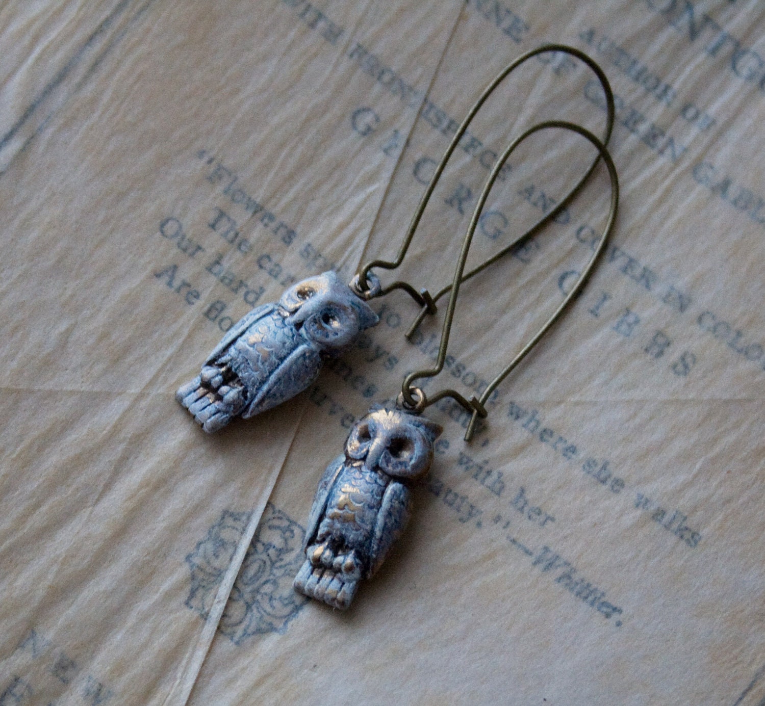 White Owl Earrings . White Antiqued Brass Owls - Hedwig Earrings