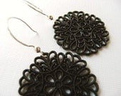 Vintage Black Lace and Sterling Silver Medallion Earrings