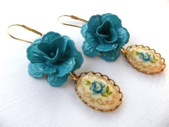 Earrings Blue Rose and Vintage Cameo