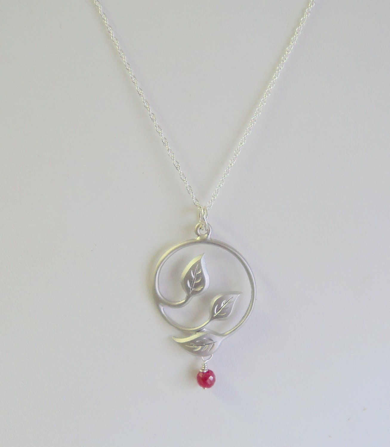 Necklace Sterling Silver Chain Matte Rhodium Leaf Drop with Ruby