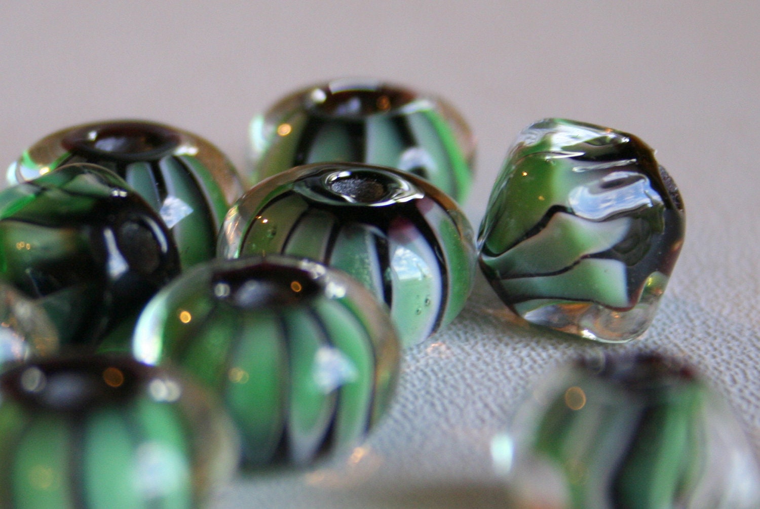 Handmade Lampwork Beads - Green Stripes- DaNeGlass 070