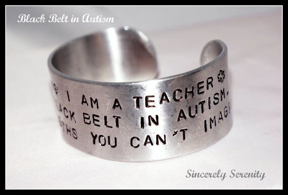Stamped Warning Autism Teacher Black Belt Strength Custom Silver Metal Cuff Bracelet