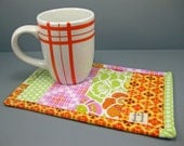 Mug Rug with modern fabrics - modern gift for tea or coffee drinkers teacher gift- - pink orange green - gift under 15