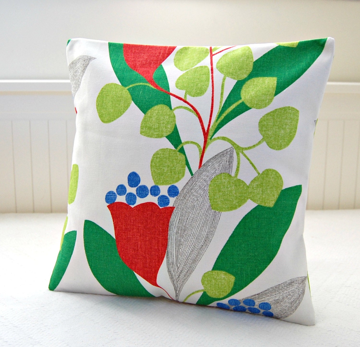retro style decorative pillow cover red flowers, lime green grey leaves, cushion cover 16 inch
