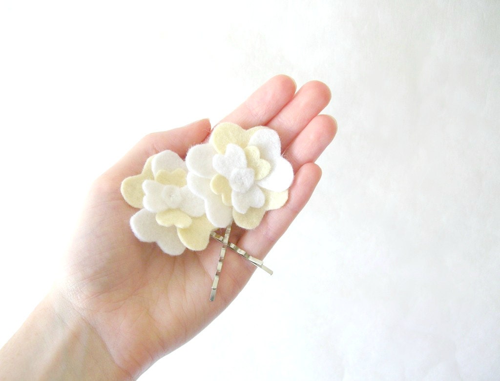 Wedding Felt Flower Hair Pins White and Ivory Bridal Hair Accessory by OrdinaryMommy on Etsy