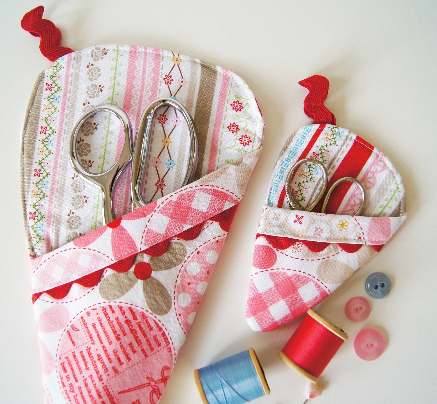 Set of Two Scissor Sleeves -  Polka Dot and Stiches in pink