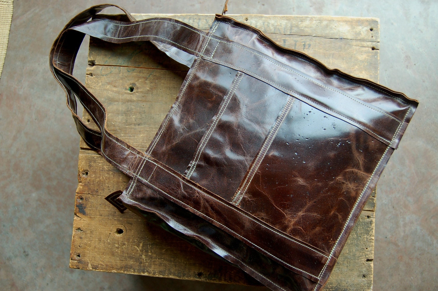 shiny brown repurposed leather tote