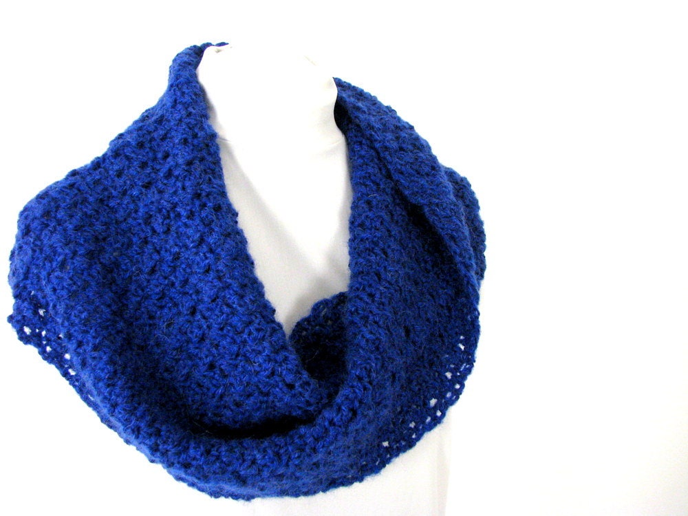 Handmade Crocheted Royal Blue Twisted Scarf - Infinity Shawl