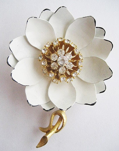 Dramatic Vintage White Enamel & Crystal Rhinestone Flower Pin