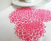 Set of 4 white Silkscreened Napkins, shimmery pretty pink Dahlia floral print handprinted whimsical