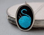 Ball of Yarn Necklace in Electric Blue on Black Linen Hand Embroidered by SeptemberHouse Ready to Ship