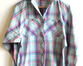 70s PREPPY Mint Green PLAID Blouse Small Medium