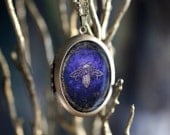 Large Oval Art Locket Necklace featuring a Honey Bee - The deep purple, iconic pendant looks vintage with a romantic flair