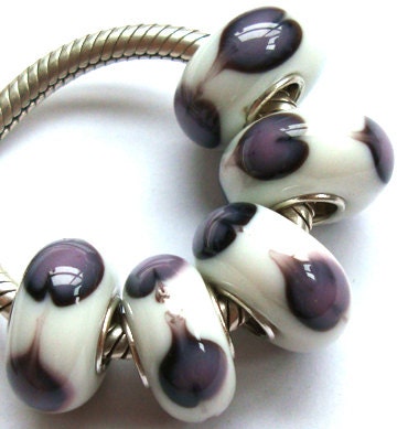 White purple lilac heart glass bead Charm fits European bracelets earrings necklaces glass silver core large hole lampwork bead charm
