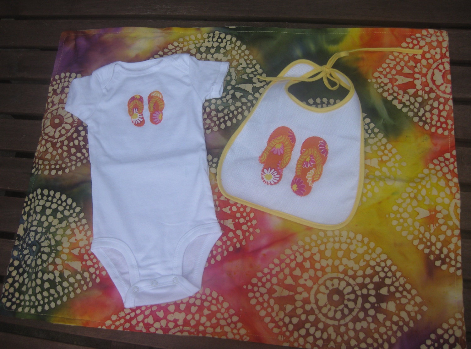 Beach Baby Gift Set with Flip-Flops applique onesie and bib with batik fabric blanket summer gift yellow pink green blue orange