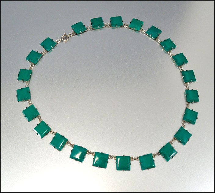 Chrysoprase Sterling Silver Art Deco Necklace Geometric Art Deco Jewelry Vintage 1920s Green Glass