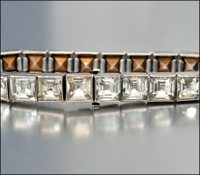 Art Deco Bracelet Sterling Silver Crystal Rhinestone Diamante 1920s Vintage Wedding Jewelry