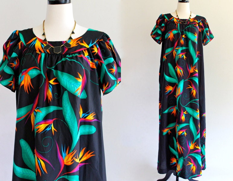 70s Hilo Hatties Birds of Paradise Tulip Resort Boho Hippie Festival Maxi Dress . SM . D068