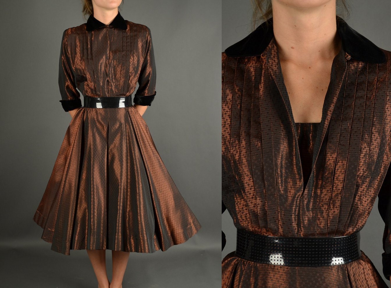 Full Skirt Dress, Vintage 1940s Dress full skirt copper metallic velvet designer party cocktail